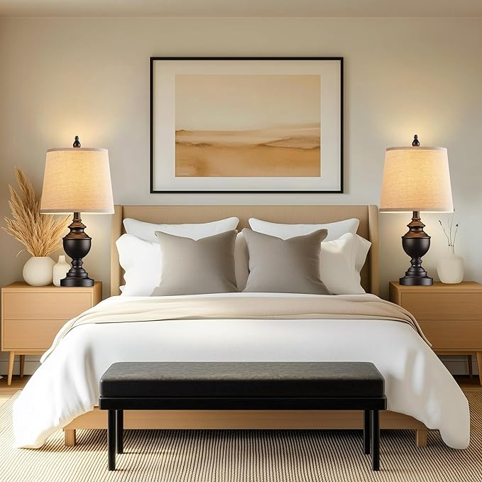 PARTPHONER Retro Table Lamps Set of 2, Bedside Lamp for Bedroom Rustic Farmhouse Table Lamps for Living Room, Vintage Nightstand Lamps with White Shades, Matte Black