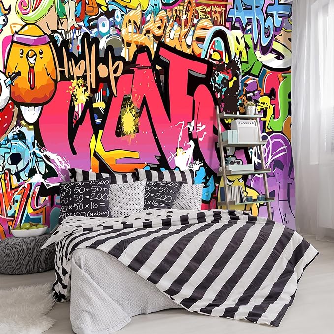 -Street Art Graffiti Wallpaper Fabric Wallpaper Living Room Bedroom Bathroom Boys Girls Children's Room Abstract Large Wall Mural- 160"x108"（ not Peel and Stick）