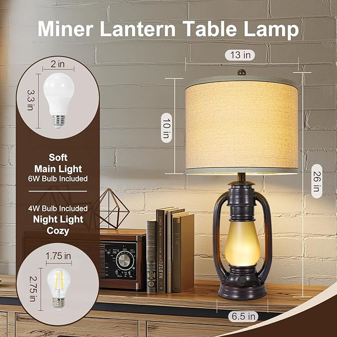 26'' Vintage Lantern Table Lamps Set of 2, Retro Bedside Nightstand Lamp with Nightlight and Linen Shade, Rustic Desk Lamp with USB A+C Ports, Farmhouse Table Lamps for Living Room Bedroom Study room