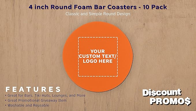 10 Round Foam Bud Coasters Pack, 4 inch - Customizable Text, Logo - PU Foam, Party Favor - Neon Orange