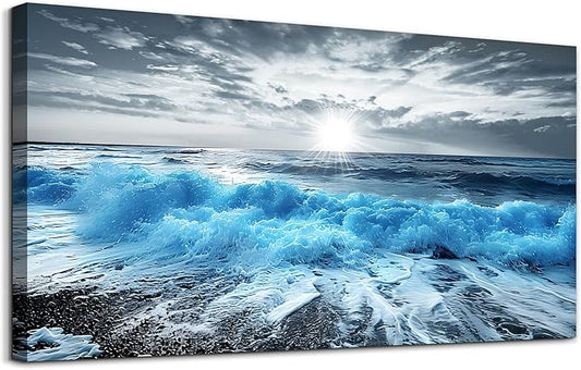 Lapremoly Framed Wall Art For Living Room Large Canvas Wall Decor For Office Blue Beach Painting Ocean Sea Waves Wall Pictures Bedroom bathroom Home Decorations Prints Posters Mural Artwork 20"X40"