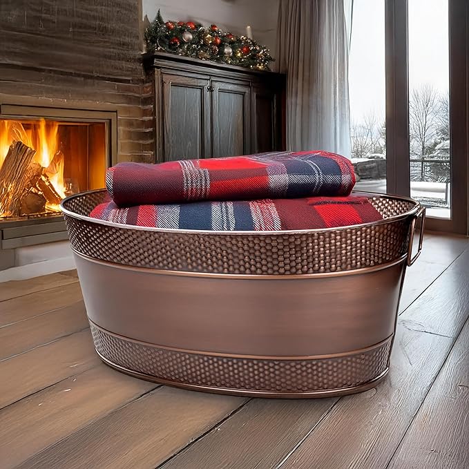 BREKX Copper Galvanized Tub for Indoor Firewood Storage Rack Log Holder - 25QT Heavy-Duty Portable Tub with Handles -Multi-Use for Planters, Blankets for Living Room, Etc