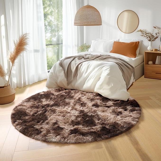 Amdrebio Tie-Dyed Brown Round Circle Rugs 4Ft for Bedroom, Fluffy Shag Plush Area Rugs for Kids Room, Living Room Decor Aesthetic, Fuzzy Fur Throw Floor Carpet for Playroom Preppy Dorm Baby Nursery