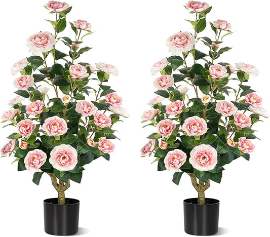 [2-Pack] 37’’ Artificial Camellia Tree with White Flowers, Faux Potted Plant for Indoor & Outdoor Decor, Lifelike Greenery for Home, Office, Porch, or Patio (Pink)