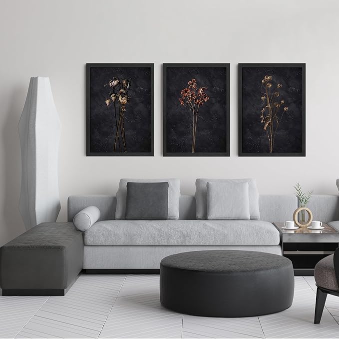 arfitest Vintage Flower Wall Art Dark Moody Wildflower Wall Decoration Minimalist Wildflower Frame Wall Decoration 16''x24'' Inch Set of 3 Black Photo Frames