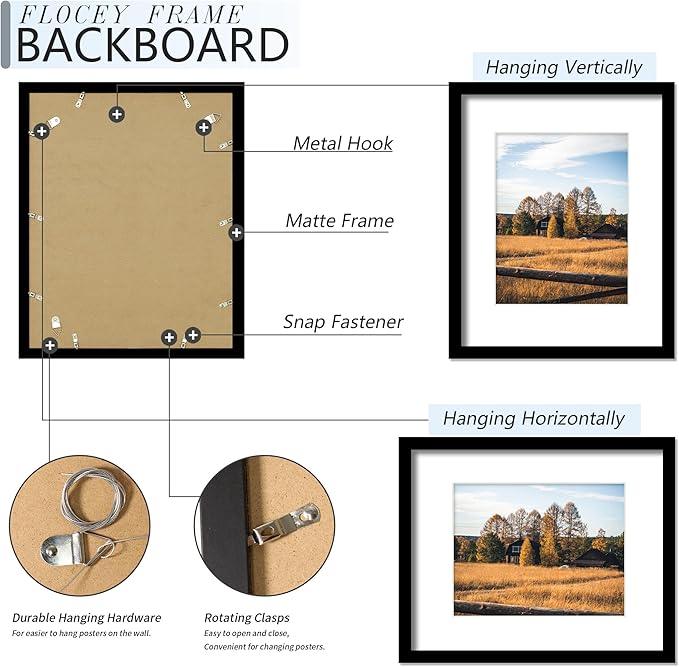 16x20 Picture Frame 5 Pack, Black Poster Frame, Display Pictures 11 x 14 with Mat or 16 x 20 Without Mat for Horizontal or Vertical Wall Mounting, Wall Gallery Frame for Artwork Certificate