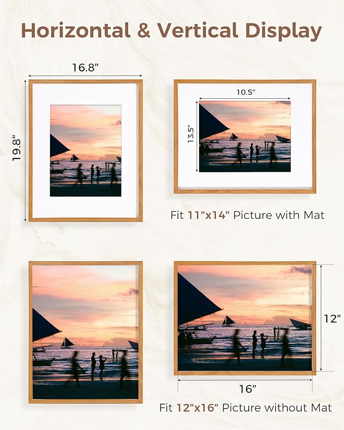 Marsmiles 16x20 Wooden Picture Frame, USA-Sourced Natural Oak Solid Wood Photo Frame with Real Glass for Display Pictures 11x14 with Mat or 16x20 without Mat, Teak, 1 Pack