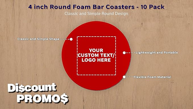 10 Round Foam Bud Coasters Pack, 4 inch - Customizable Text, Logo - PU Foam, Party Favor - Red