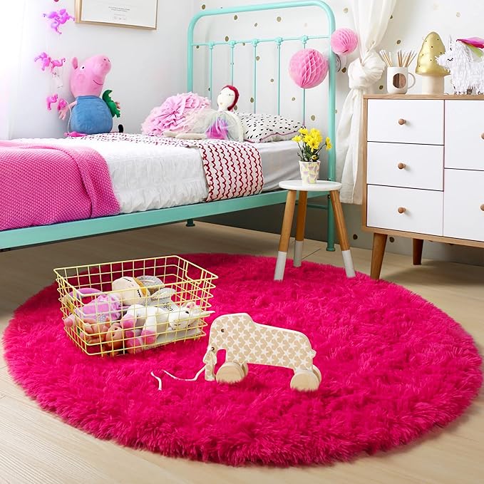 Hot Pink Round Rug 4Ft for Girls Bedroom, Fluffy Circle Area Rugs for Kids Room Decor Aesthetic, Shag Plush Fuzzy Furry Carpet for Living Room, Nursery, Dorm, Classroom, Teen, Cute Shaggy Baby Rug