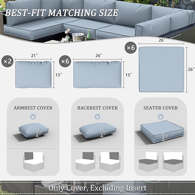 14 Pcs Outdoor Patio Cushion Covers - Replaceable Waterproof Furniture Cover With Zippers, Non-Slip for Couch, 3 Sizes (Light Blue)