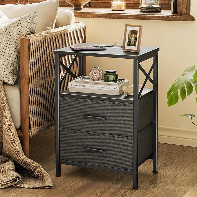 Huuger Night Stand with Charger Station, 2 Drawer Nightstand with Open Shelf, Bed Side Table with USB-C Port, End Table, Compact Size for Small Spaces, X Shaped Side Rail, Black