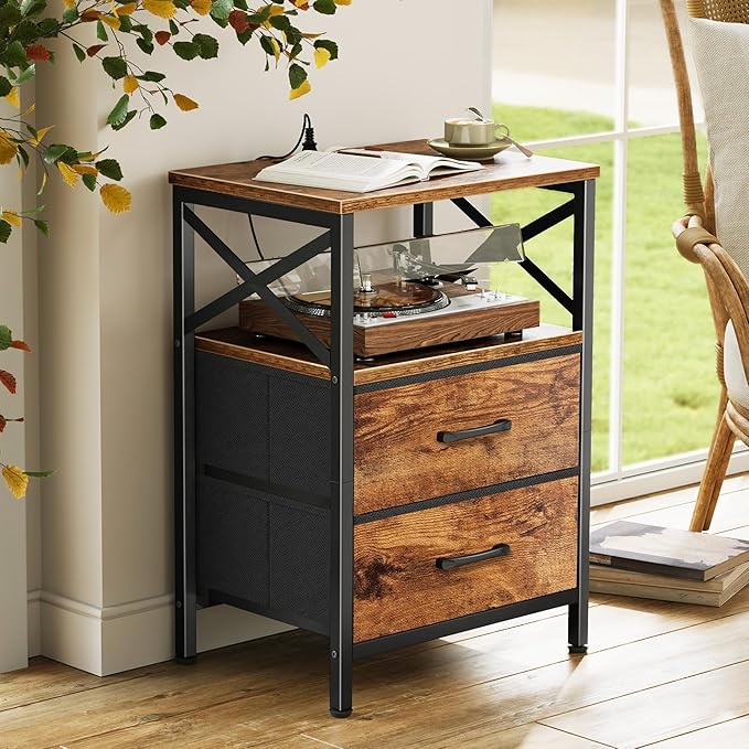 Huuger Nightstands Set of 2, Night Stand with Charger Station, 2 Drawer Side Table with Open Shelf, USB-C Port, End Table for Small Spaces, X Shaped Side Rail, Rustic Brown