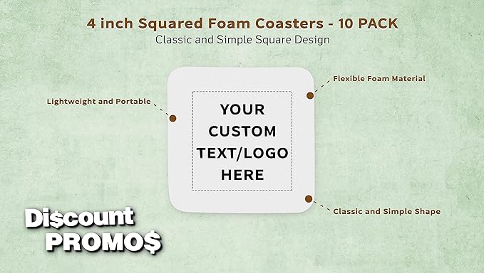 10 Squared Foam Coasters Pack, 4 inch - Customizable Text, Logo - PU Foam, Foldable - White