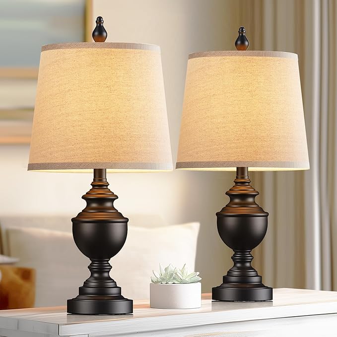PARTPHONER Retro Table Lamps Set of 2, Bedside Lamp for Bedroom Rustic Farmhouse Table Lamps for Living Room, Vintage Nightstand Lamps with White Shades, Matte Black