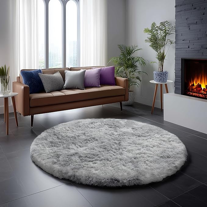 Amdrebio Tie-Dye Light Grey Round Circle Area Rugs 5Ft for Living Room Bedroom, Soft Fluffy Fuzzy Shag Rug for Kids Room Home Office, Furry Plush Indoor Floor Shaggy Gray Carpet for Baby Nursery Dorm