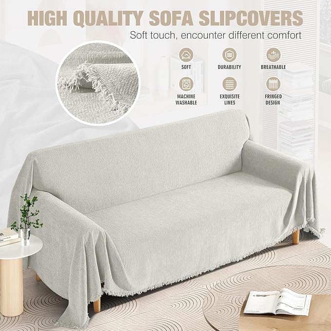 KinCam Couch Covers for 3-4 Cushion Couch Sofa Cover Washable Sectional Couch Cover for Dogs Tassel Sofa Blanket Cover Pet Friendly Soft and Durable for Most Furniture(71" x 150", Cream)