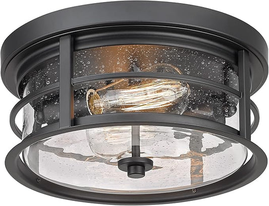 EAPUDUN Flush Mount Ceiling Light, 12inch 2-Light Metal Close to Ceiling Light Fixture, Matte Black Finish with Seed Glass Shade for Hallway Entryway Bedroom Porch