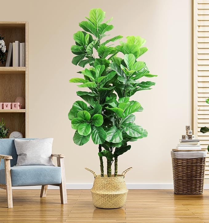 LOVMOR 6ft Artificial Tree Indoor with Woven Seagrass Plant Basket, Artificial Fiddle Leaf Fig Tree Fake Tree Faux Plant Indoor for Living Room Office Floor Home Decor (70 in)
