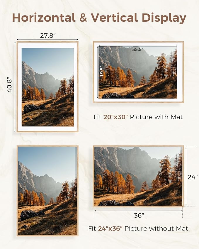 Marsmiles 27x40 Wooden Picture Frame, USA-Sourced Natural Oak Solid Wood Photo Frame with Real Glass for Display Pictures 24x36 with Mat or 27x40 without Mat, Natural, 1 Pack