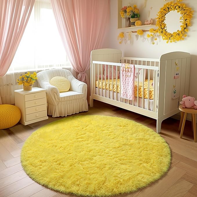 Amdrebio Yellow Round Circle Area Rug 5Ft for Bedroom Living Room, Fluffy Fuzzy Plush Rugs for Kids Room Decor Aesthetic, Cute Furry Shag Kawaii Circular Carpet for Classroom Nursery Teen Girls Boys