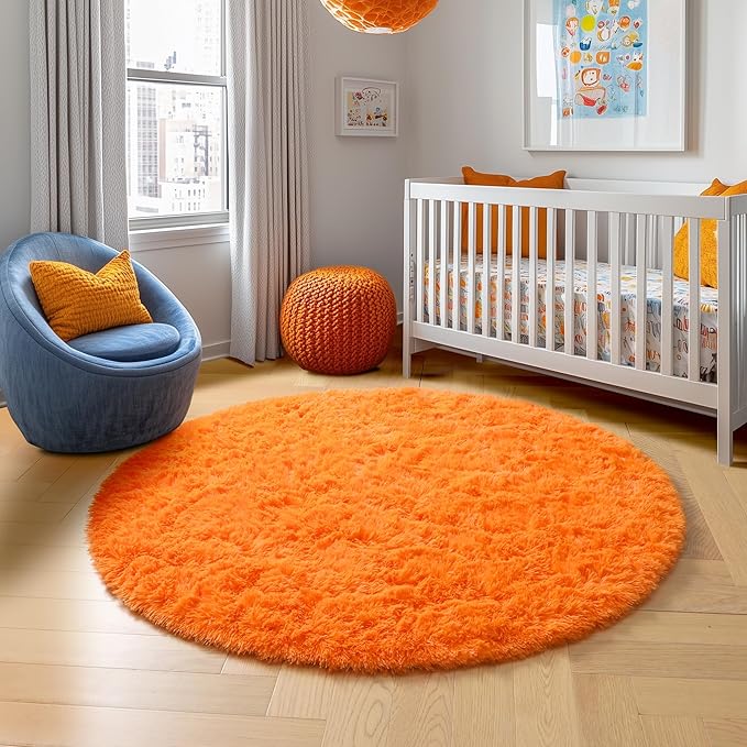 Amdrebio Orange Round Circle Rug 4Ft for Bedroom Living Room, Fluffy Fuzzy Area Rugs for Kids Room Decor Aesthetic, Cute Furry Plush Shag Carpet for Toddler Teen Girls Boys Baby Nursery Dorm Playroom