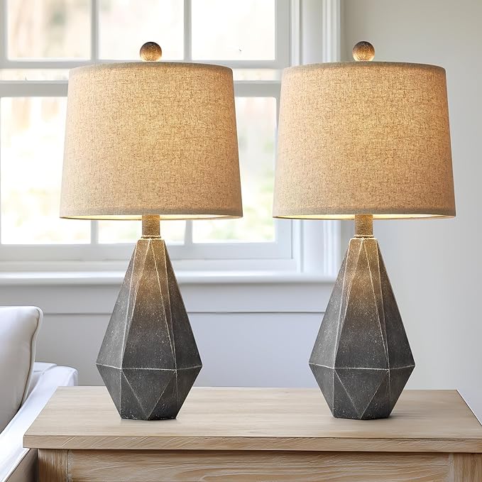 PoKat 20.25" Rustic Farmhouse Table Lamp Sets of 2 for Living Room Bedroom Deep Grey Contemporary Classic Bedside Nightstand Lamp with White Fabric Shade, Suitable for Small Place