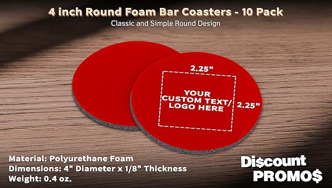 10 Round Foam Bud Coasters Pack, 4 inch - Customizable Text, Logo - PU Foam, Party Favor - Red