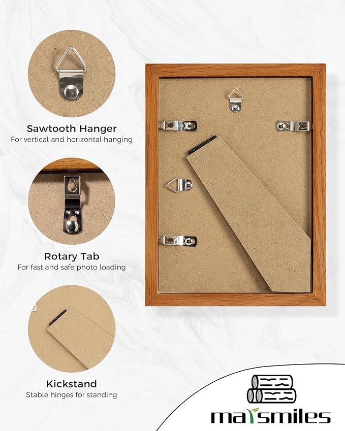 Marsmiles 5x7 Wooden Picture Frame, USA-Sourced Natural Oak Solid Wood Photo Frame with Plexiglass for Display Pictures 4x6 with Mat or 5x7 without Mat, Teak, 1 Pack