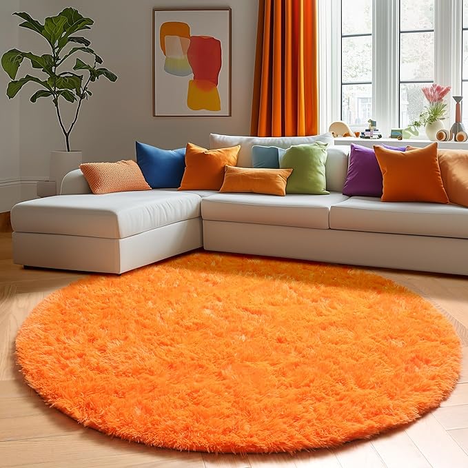 Amdrebio Orange Round Circle Rug 5Ft for Bedroom Living Room, Fluffy Fuzzy Shaggy Area Rugs for Kids Room Decor Aesthetic, Cute Furry Plush Shag Carpet for Baby Nursery Dorm Playroom, Teen Girls Boys
