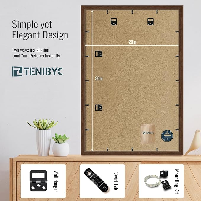 20 x 30 Poster Frame -Set of 4, Brown Wood Picture Frame, Dissplay Photos, Posters and Puzzles, Horizontal or Vertical Wall Hanging