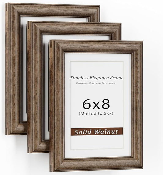 6x8 Picture Frame, USA-Sourced Walnut Wood Frame with Tempered Glass, Display 5x7 with Mat or 6x8 Without Mat, 6 by 8 Photo Frame for Wall & Tabletop Display, Handcrafted Wood Frame, 3 Pack