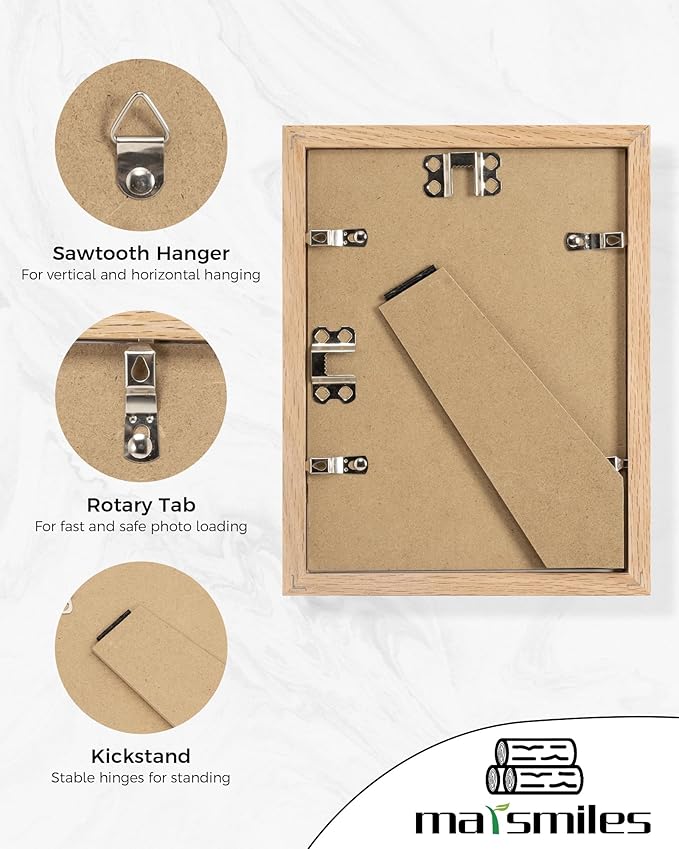 Marsmiles 6x8 Wooden Picture Frame, USA-Sourced Natural Oak Solid Wood Photo Frame with Plexiglass for Display Pictures 5x7 with Mat or 6x8 without Mat, Natural, 1 Pack