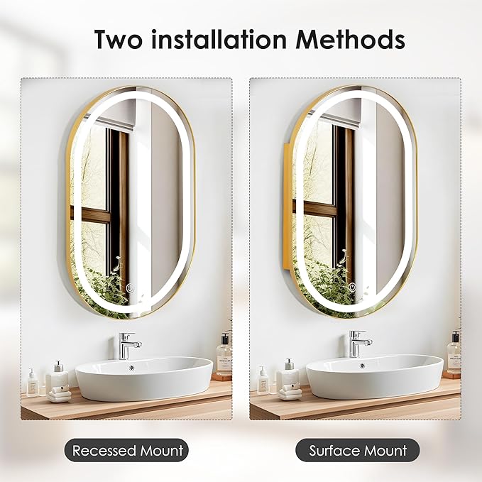 SogesHome Wall Mounted Mirror Medicine Cabinet 33"X20" with LED Lights, Oval Vanity Mirror Storage with Shelves, Modern Decro Recessed Mirror Medicine Cabinet for Bathroom, Bedroom, Gold