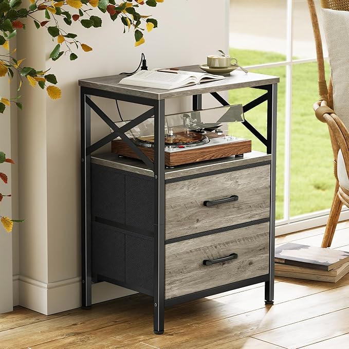 Huuger Nightstands Set of 2, Night Stand with Charger Station, 2 Drawer Side Table with Open Shelf, USB-C Port, End Table for Small Spaces, X Shaped Side Rail, Oak