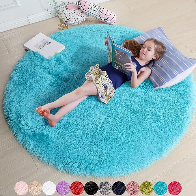 Blue Round Circle Rugs 6Ft for Kids Bedroom, Large Soft Washable Fluffy Area Rug for Teen Girls Boys, Play Room Decor Aesthetic, Plush Shaggy Fuzzy Baby Carpet for Living Room Nursery Classroom Dorm