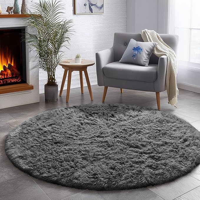 Grey Round Rugs 4Ft for Living Room Bedroom, Fluffy Fuzzy Shag Shaggy Circle Area Rug for Kids Room Home Office Decor Aesthetic, Furry Soft Plush Indoor Floor Gray Carpet for Baby Nursery Preppy Dorm