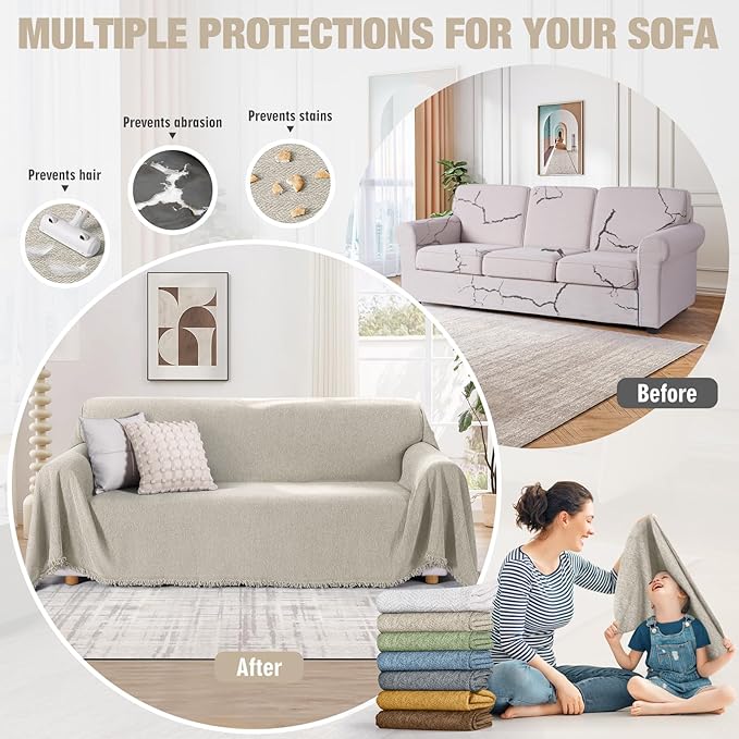 KinCam Couch Covers for 3-4 Cushion Couch Sofa Cover Washable Sectional Couch Cover for Dogs Tassel Sofa Blanket Cover Pet Friendly Soft and Durable for Most Furniture(71" x 150", Khaki)