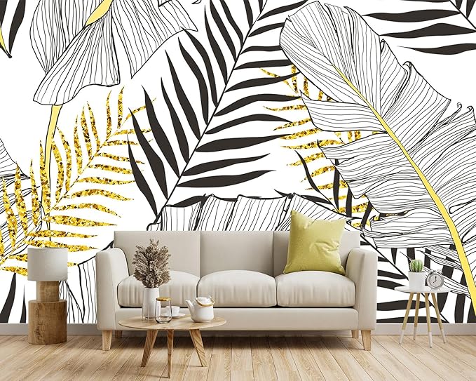 -Black and Gold Tropical Botanical Banana Leaf Fabric Wallpaper Living Room Bedroom Bathroom Abstract Plant Wall Mural- 91"x65"（ not Peel and Stick）