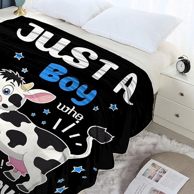 Just A Boy Who Loves Cows Blanket Soft Blankets and Throws Flannel Cozy Lightweight Quilt Gift Perfect for Bed Sofa Couch-60 x50 Medium for Teen