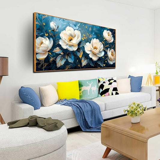 Flower Canvas Wall Art for Living Room - Blue and White Wall Decor for Bedroom - Large Picture Frames for Wall 29" x 59"