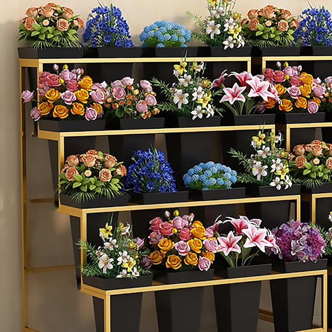 Flower Display Stand With 12PCS Buckets, 3 Layers Metal Plant Stand with Wheels, Heavy Duty Moving Plant Cart Shelf, for Indoor, Outdoor Patio Garden, Living Room, Florist (Black - Square Bucket)
