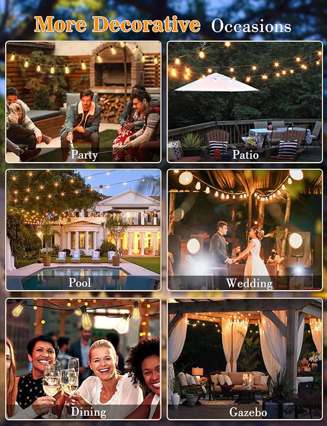 100FT Outdoor String Lights with Remote Patio Lights for Outside 52 Shatterproof Waterproof ST38 Edison Bulbs, Dimmable String Lights for Backyard Porch Bistro Party Decor, Warm White 2200k