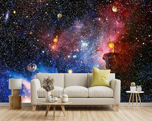 -Galaxy Universe Planet Ceiling Fabric Wallpaper Boys Girls Nursery Starry Sky Children Bedroom Bathroom Large Mural- 137"x96"（ not Peel and Stick）