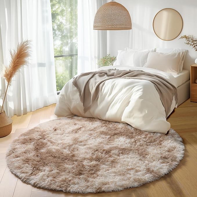 Amdrebio Tie-Dyed Beige Tan Round Circle Area Rug 5Ft for Bedroom, Fluffy Plush Shag Furry Rugs for Kids Room, Living Room Decor Aesthetic, Cute Fuzzy Neutral Carpet for Baby Nursery Playroom Dorm