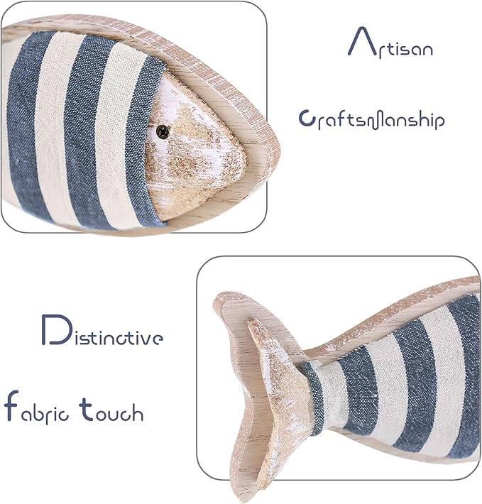 Wooden Fish Figurines with Jute Rope and Cotton String, Fish Sculpture Statues for Home Decoration, Table Top Nautical Decor for Living Room, Bedroom, Beachhouse Home Decor (StripedFish-3)