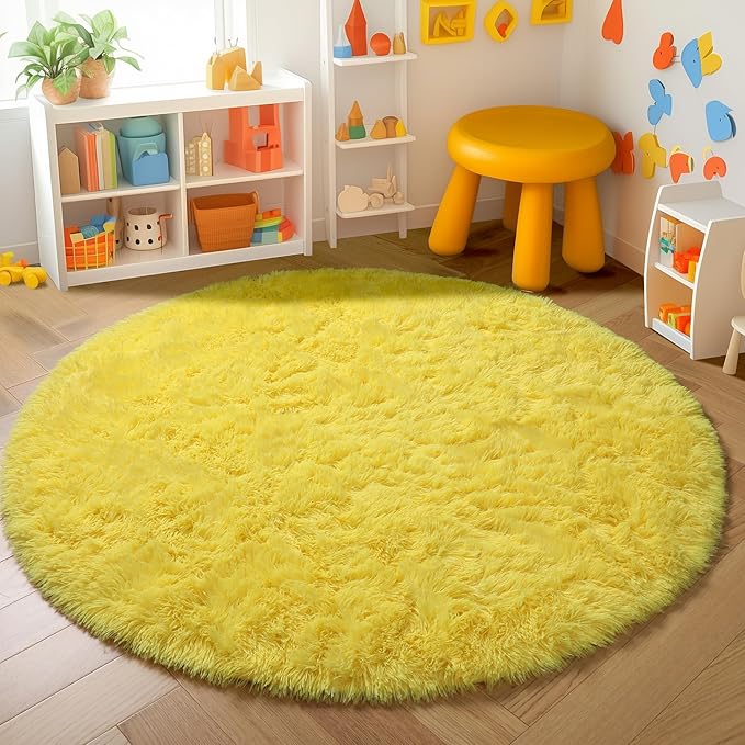 Amdrebio Yellow Round Circle Area Rug 4Ft for Bedroom Living Room, Fluffy Fuzzy Plush Rugs for Kids Room Decor Aesthetic, Cute Furry Shag Kawaii Circular Carpet for Classroom Nursery Dorm Toddler Baby