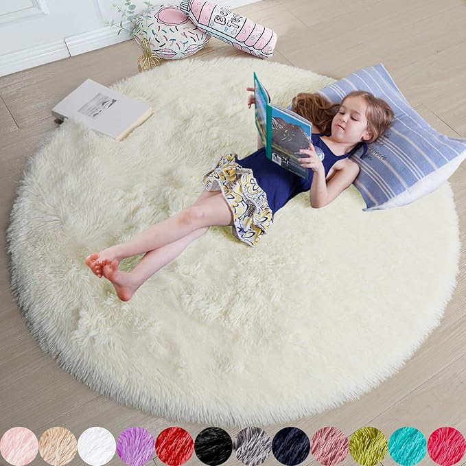 Amdrebio Ivory White Round Circle Rug 6Ft for Kids Bedroom Aesthetic, Big Washable Fluffy Fuzzy Area Rugs for Living Room, Circular Plush Soft Shaggy Cream Carpet for Baby Nursery Teen Girls Boys