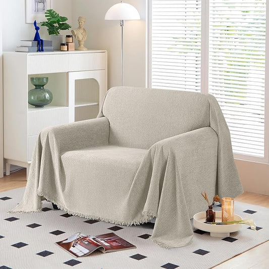 KinCam Couch Covers Washable Oversized Chair Cover Armchair Cover for Dogs Tassel Recliner Chair Sofa Cover Blanket Pet Friendly Soft and Durable for Most Furniture (71" x 71", Khaki)