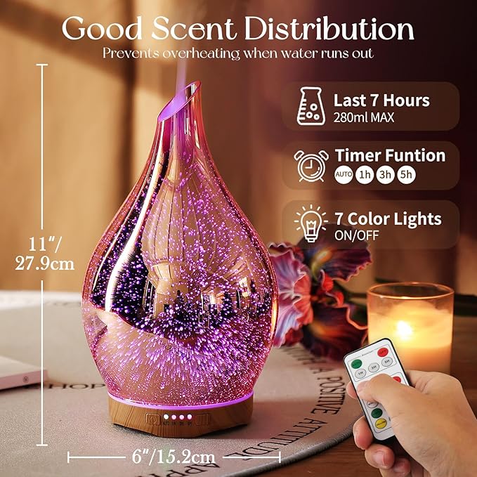 Porseme 280ML Essential Oil Diffuser, Aroma Ultrasonic Humidifier with Remote Control, BPA Free, Auto Shut-Off, Timer Setting