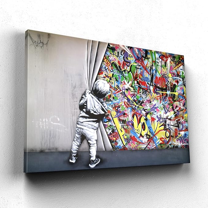 Banksy Canvas Wall Art Graffiti Wall Art Behind The Curtain Picture - 28x40 Inches Built-in Wooden Frame, Lightweight & Ready to Hang, Urban Street Art for Office, Bedroom, Living Room Decor